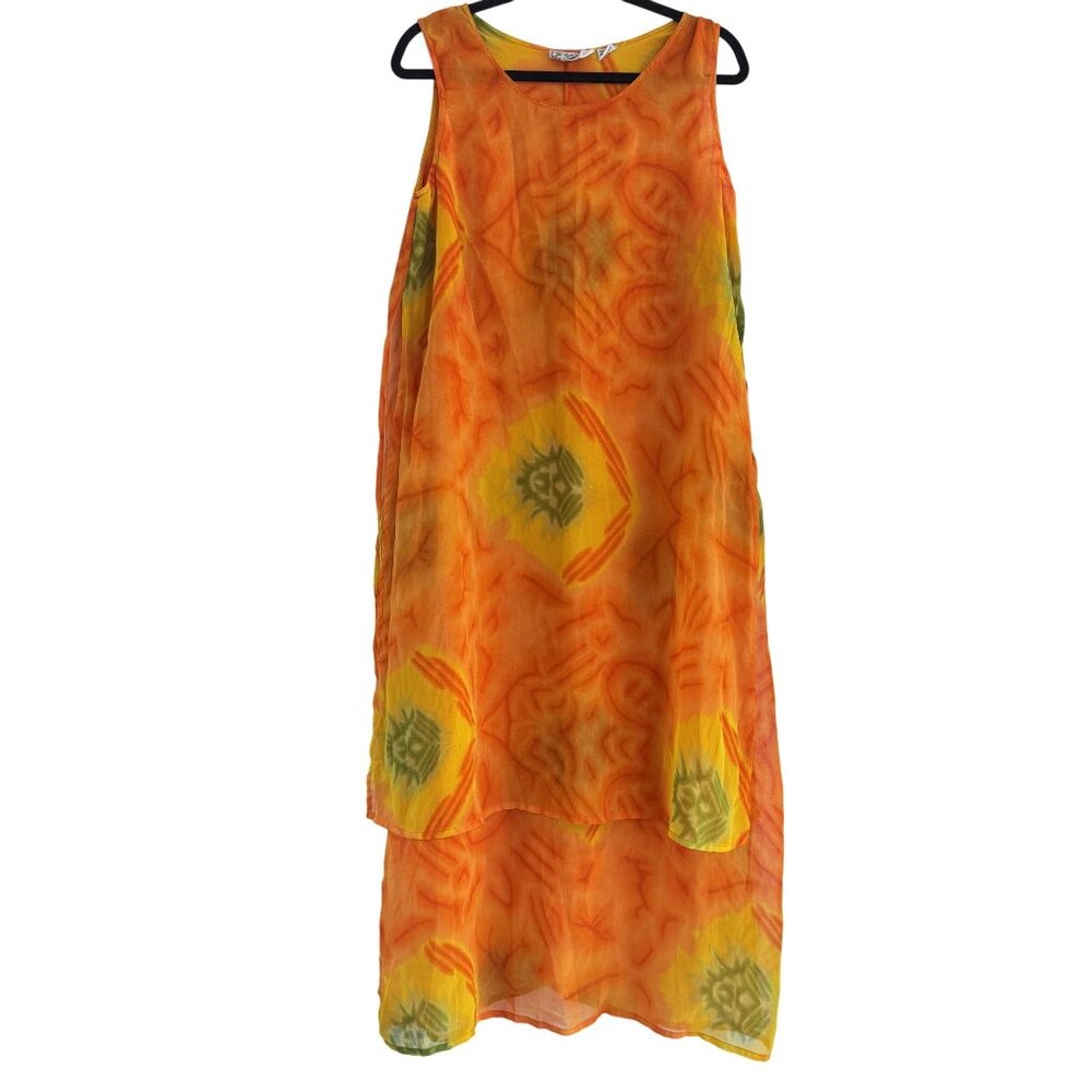 Vintage Kloz Lyne Dress Womens 90s Orange Floral Sheath Overlay Sleeveless Large - Picture 1 of 8